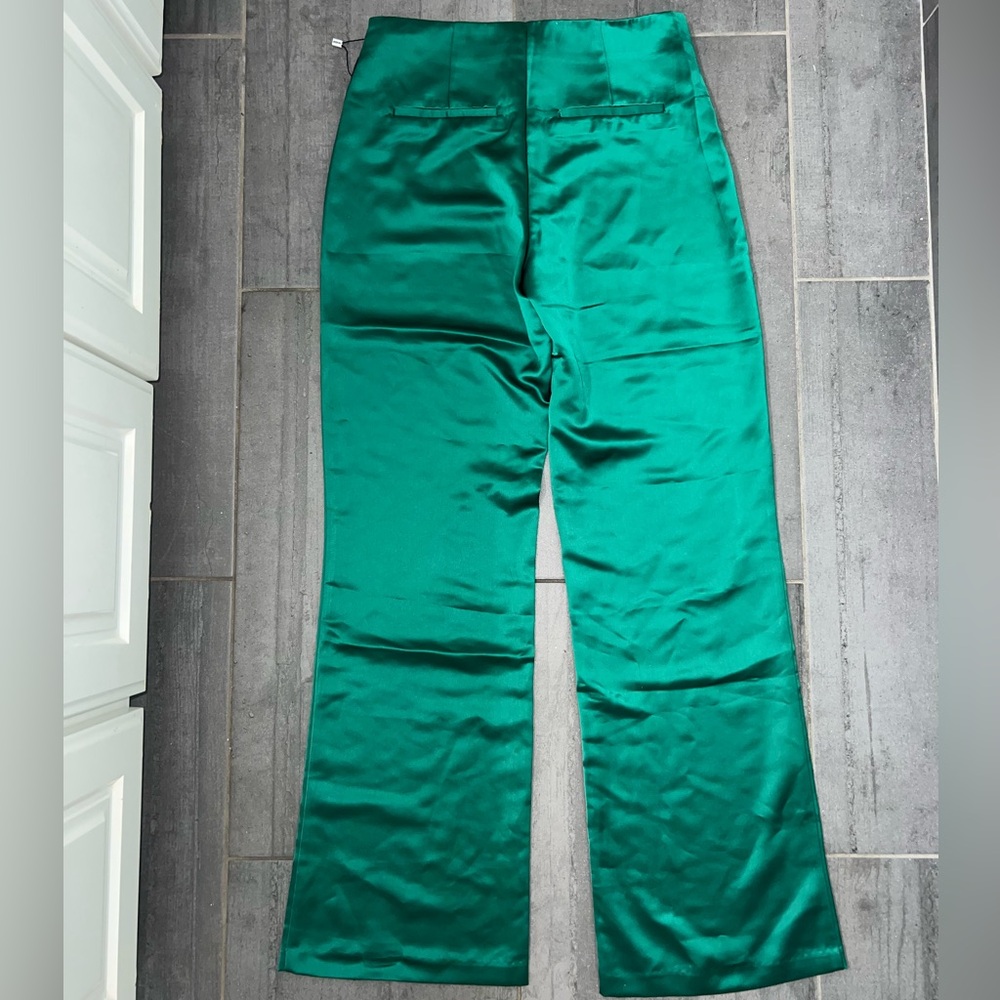 Jason Wu High Rise Wide Leg Flare Emerald Green Satin Pants Trousers Size 2 NWT